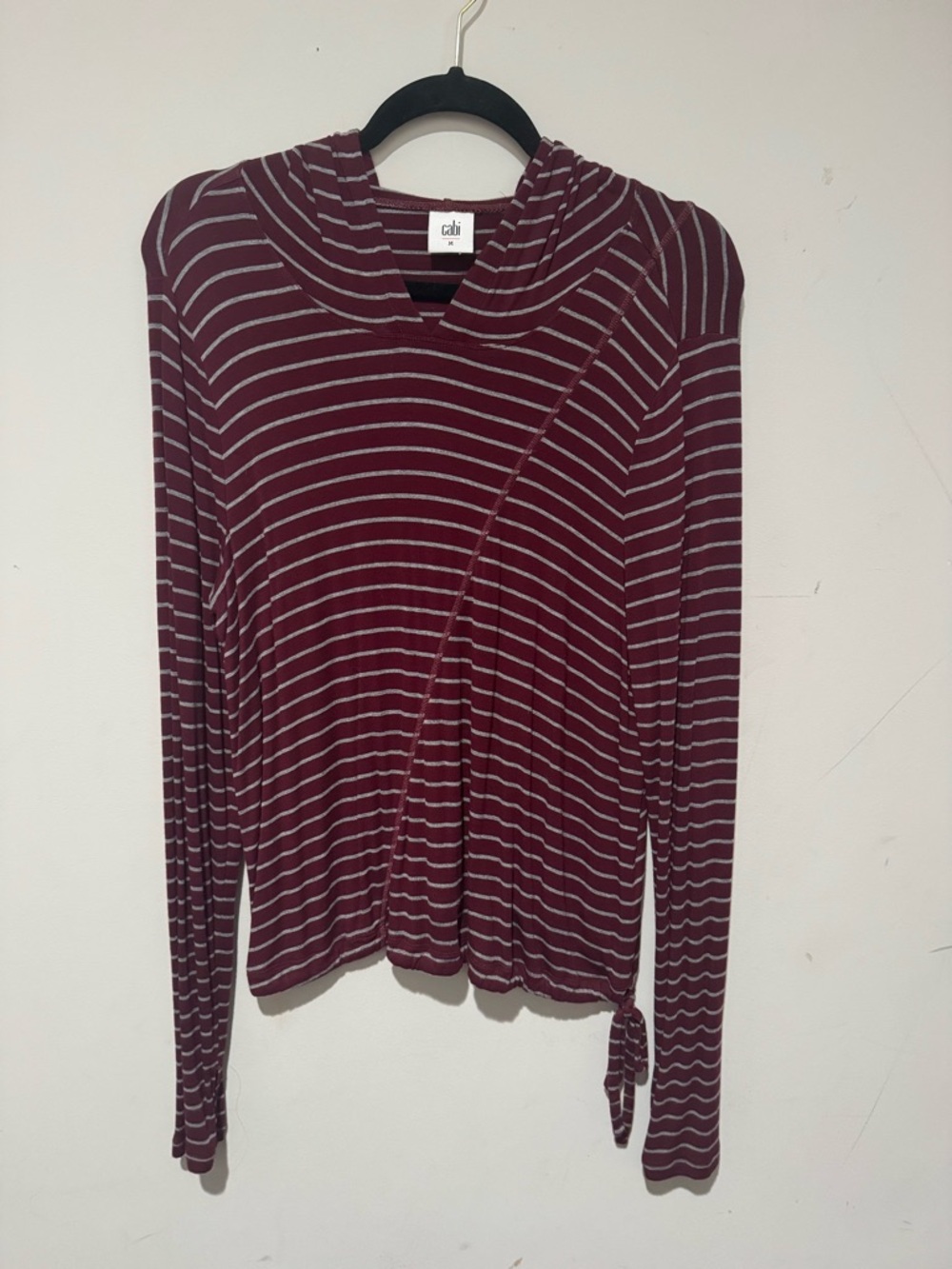 CAbi Maroon and White Striped Hooded Wrap Top